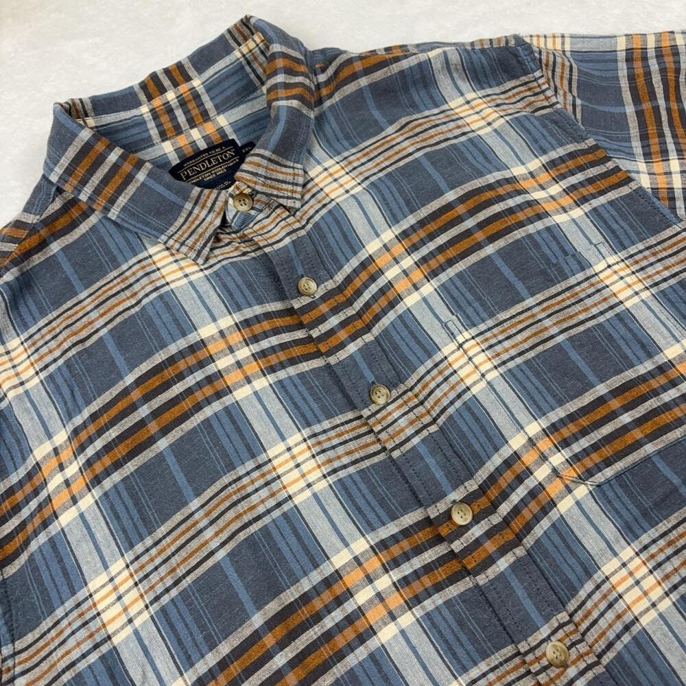Pendleton Button Up Shirt Men 2XL Blue Short Sleeve Linen Rayon Relaxed Fit